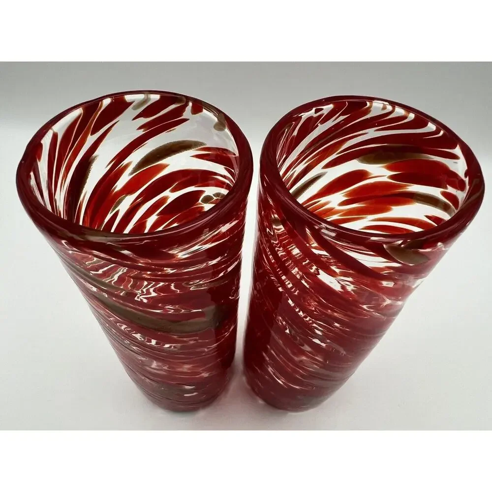 Hand Blown 7” Art Glass Drinking Glasses Vase Red & Gold Confetti Ribbon Swirl